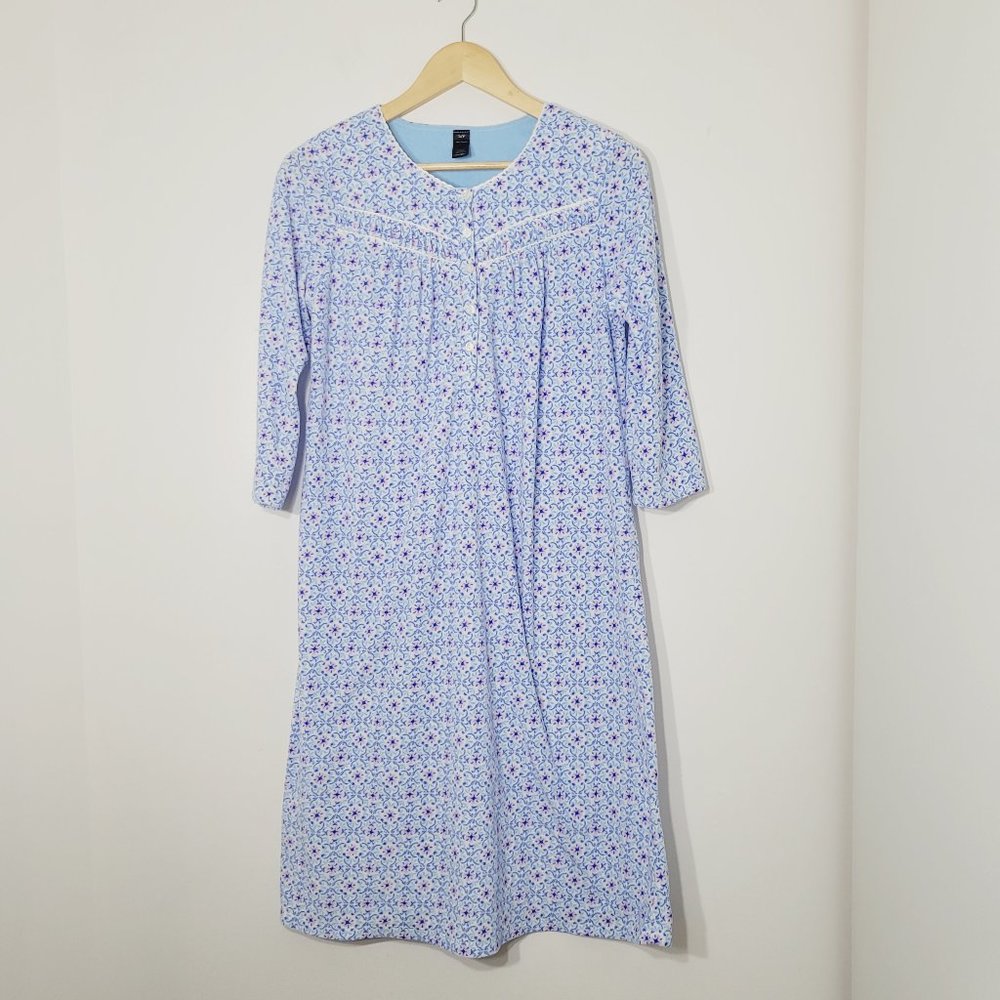 George Full Length Fleece Nightgown Sleepwear 3/4 Sleeve Blue Floral Womens S